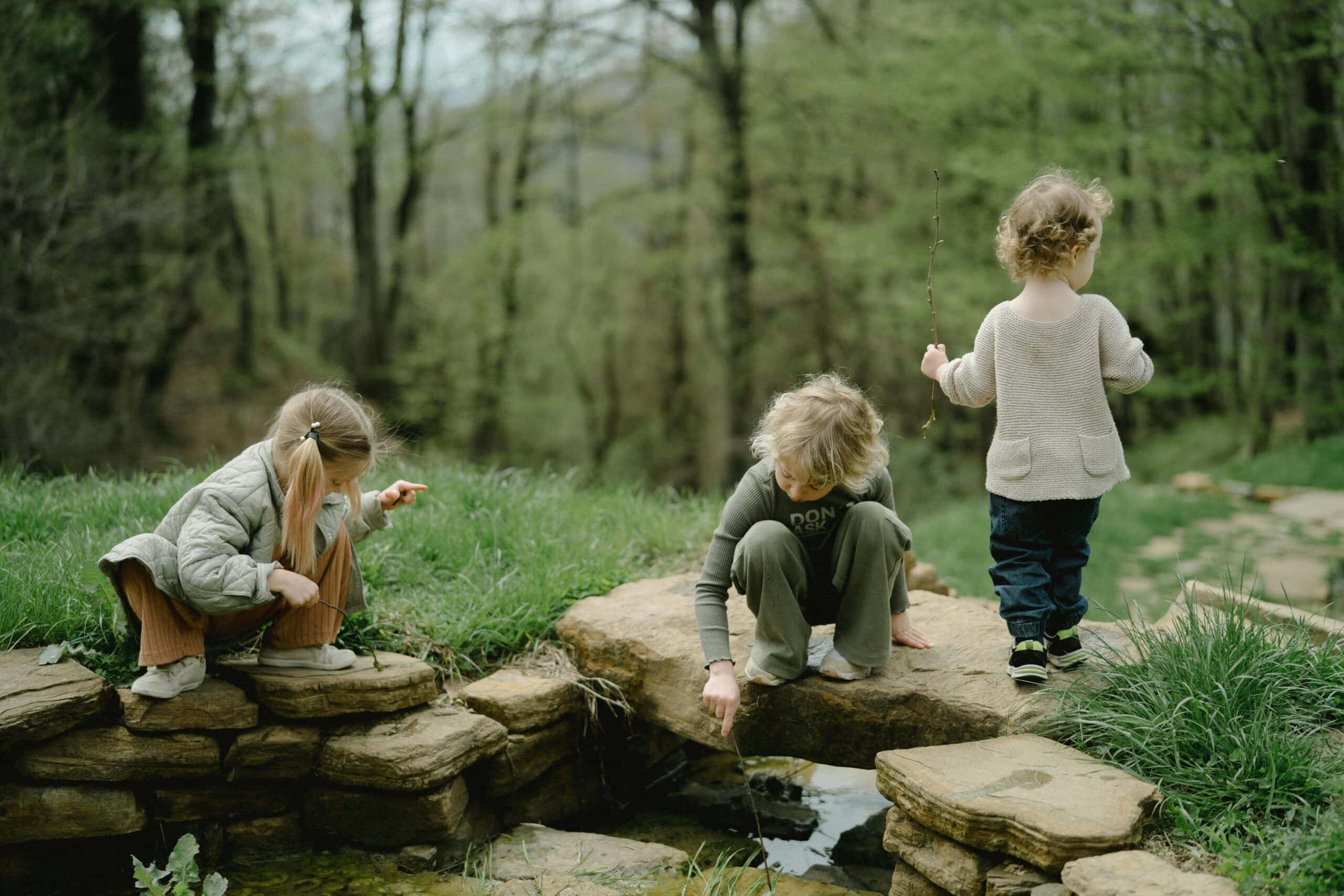 Three kids playing outside in the forest in different ways.